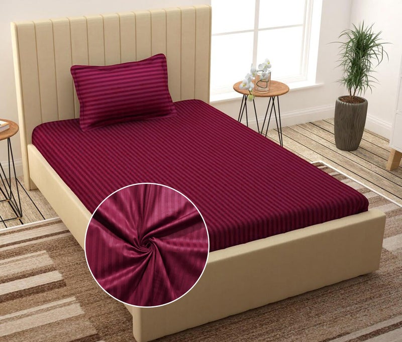 Filymore Satin Striped Wine Bedsheet for Single Bed (90x60 inches) with One Pillow Covers, 300 TC Microfiber Solid Design, Perfect for Single, Bed Size. - Image 2