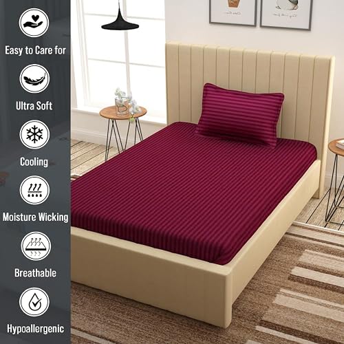 Filymore Satin Striped Wine Bedsheet for Single Bed (90x60 inches) with One Pillow Covers, 300 TC Microfiber Solid Design, Perfect for Single, Bed Size. - Image 4
