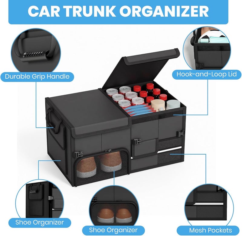 Car Trunk Organizer, 60L Vehicle Boot Organizer Storage Foldable Automotive Consoles Multi Compartment Boot Tidy Storage Box for SUVs, RV, Sedans, 600D Auto Back Cargo Organisers Car Accessories - Image 2