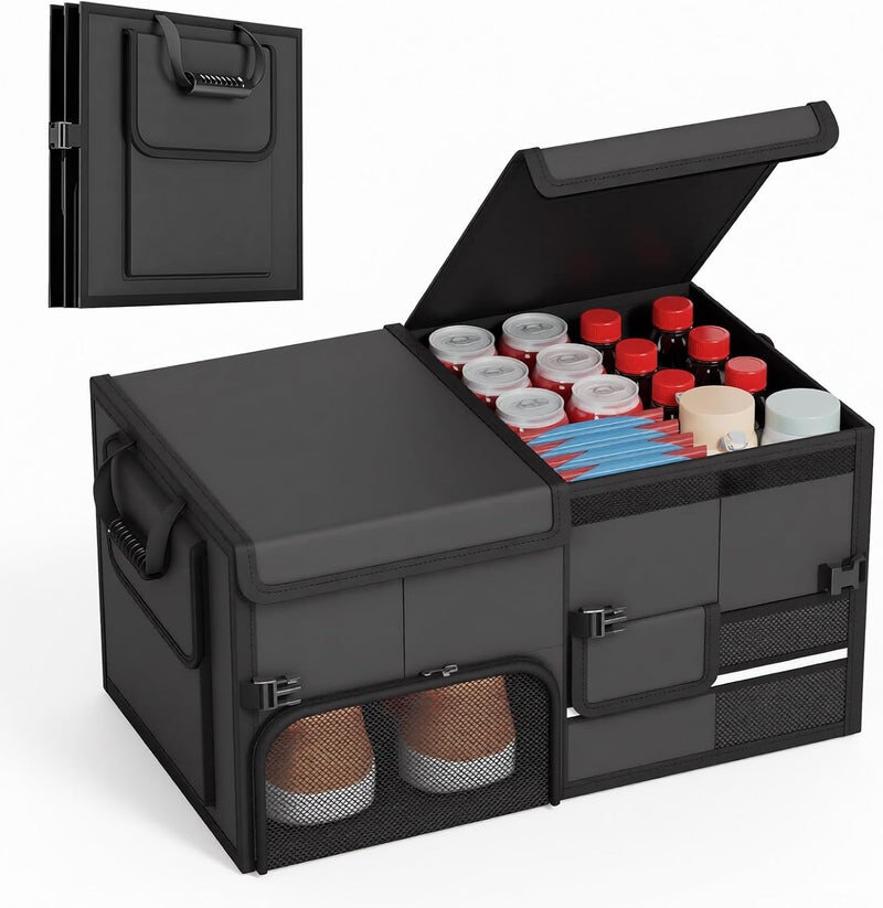 Car Trunk Organizer, 60L Vehicle Boot Organizer Storage Foldable Automotive Consoles Multi Compartment Boot Tidy Storage Box for SUVs, RV, Sedans, 600D Auto Back Cargo Organisers Car Accessories - Image 1