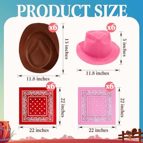 Haysandy 24 Pieces Western Cowboy Hat Set, Felt Cowboy Themed Party Hats with Paisley Bandanas for Kids Costume Party(Brown, Pink, Red) - Image 2