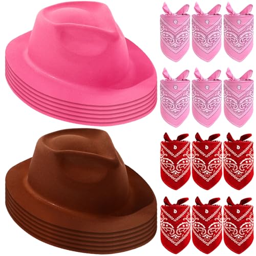 Haysandy 24 Pieces Western Cowboy Hat Set, Felt Cowboy Themed Party Hats with Paisley Bandanas for Kids Costume Party(Brown, Pink, Red) - Image 1