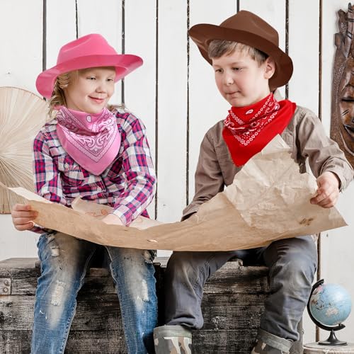 Haysandy 24 Pieces Western Cowboy Hat Set, Felt Cowboy Themed Party Hats with Paisley Bandanas for Kids Costume Party(Brown, Pink, Red) - Image 5