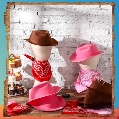 Haysandy 24 Pieces Western Cowboy Hat Set, Felt Cowboy Themed Party Hats with Paisley Bandanas for Kids Costume Party(Brown, Pink, Red) - Image 4