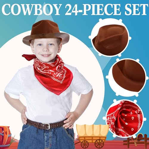Haysandy 24 Pieces Western Cowboy Hat Set, Felt Cowboy Themed Party Hats with Paisley Bandanas for Kids Costume Party(Brown, Pink, Red) - Image 3