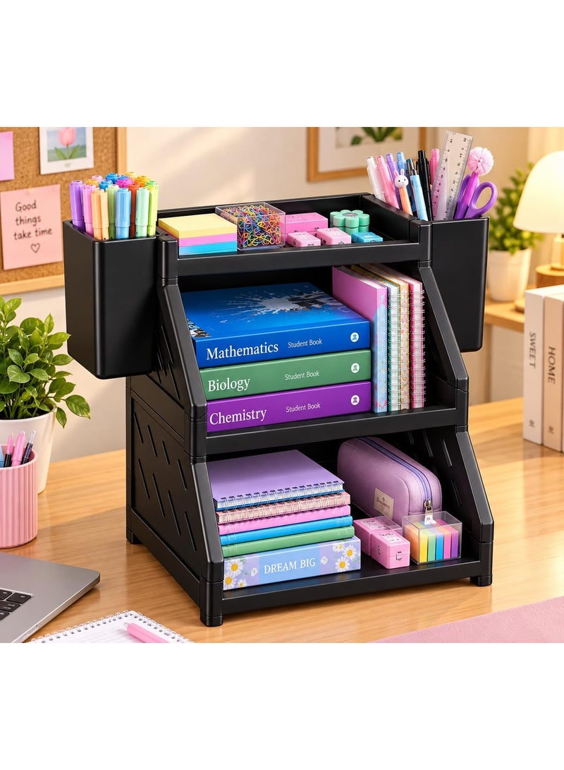 3-tier desk organizer featuring a modern design and durable plastic construction; a multi-layer unit with side holders and an open design—perfect for desk organization. - Image 2