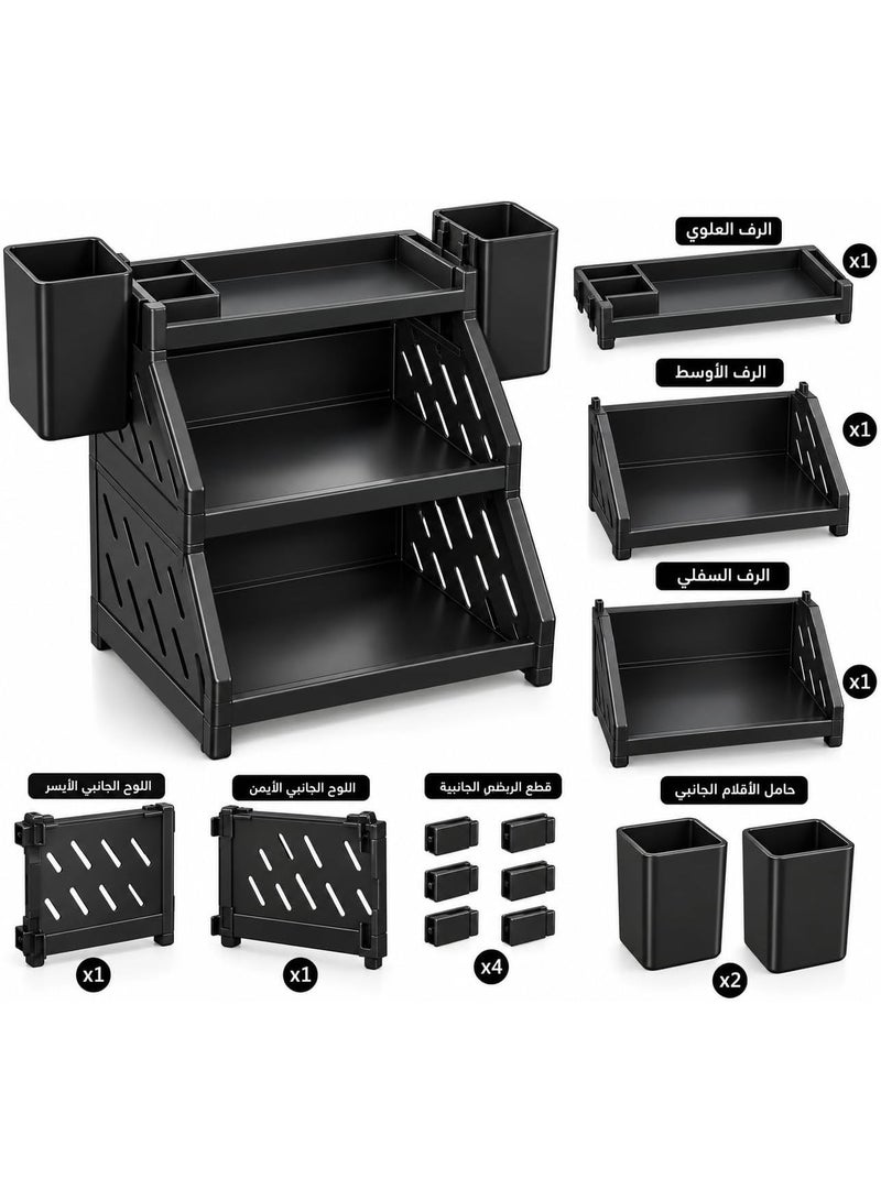 3-tier desk organizer featuring a modern design and durable plastic construction; a multi-layer unit with side holders and an open design—perfect for desk organization. - Image 3