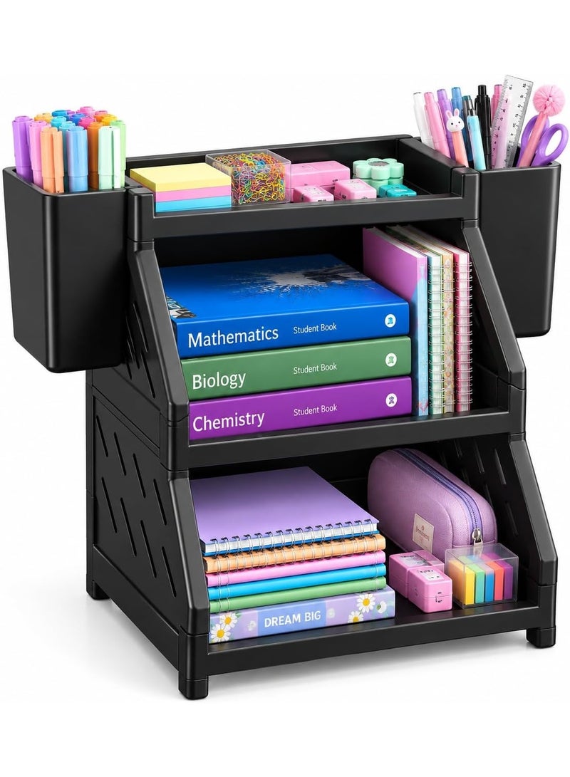 3-tier desk organizer featuring a modern design and durable plastic construction; a multi-layer unit with side holders and an open design—perfect for desk organization. - Image 1