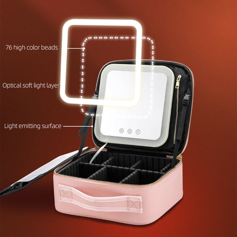 Travel Makeup Train Case with Mirror LED Light Adjustable Brightness Large Capacity Cosmetic Bag Organizer Portable Storage Adjustable Dividers for Cosmetics Makeup Brushes Toiletry Jewelry - Image 2