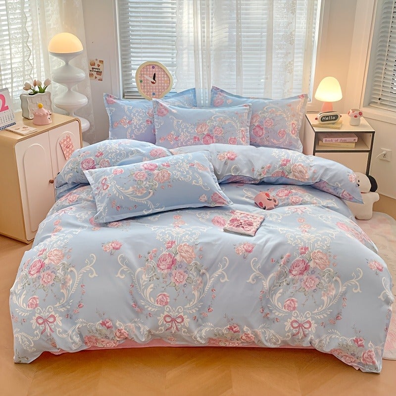 Pink Floral Pattern Sweet Style Washed Process Soft Skin-Friendly Duvet Cover 3pcs Set (1 Duvet Cover + 2 Pillowcases Combination) Breathable Chemical Fiber Soft Machine Washable Available in All Seasons Does Not Include Duvet Insert And Pillow Inse - Image 4