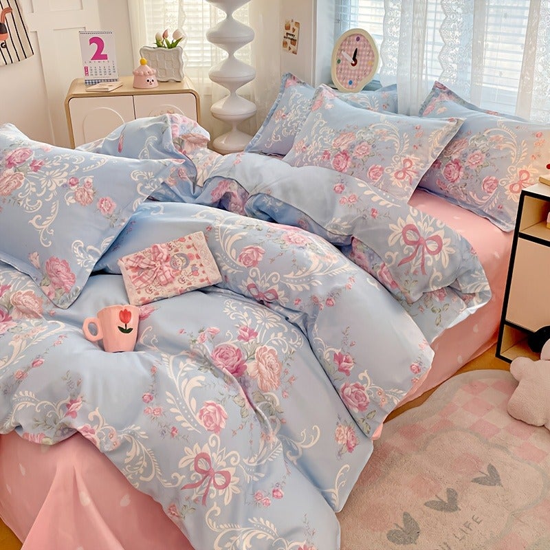 Pink Floral Pattern Sweet Style Washed Process Soft Skin-Friendly Duvet Cover 3pcs Set (1 Duvet Cover + 2 Pillowcases Combination) Breathable Chemical Fiber Soft Machine Washable Available in All Seasons Does Not Include Duvet Insert And Pillow Inse - Image 5