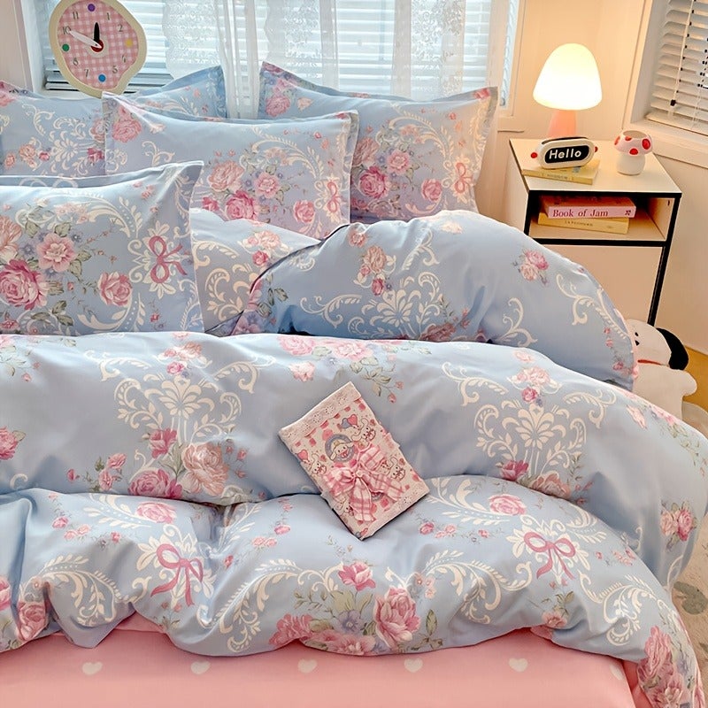 Pink Floral Pattern Sweet Style Washed Process Soft Skin-Friendly Duvet Cover 3pcs Set (1 Duvet Cover + 2 Pillowcases Combination) Breathable Chemical Fiber Soft Machine Washable Available in All Seasons Does Not Include Duvet Insert And Pillow Inse - Image 3