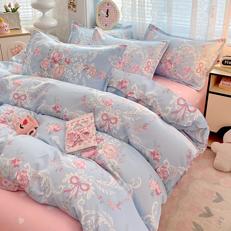 Pink Floral Pattern Sweet Style Washed Process Soft Skin-Friendly Duvet Cover 3pcs Set (1 Duvet Cover + 2 Pillowcases Combination) Breathable Chemical Fiber Soft Machine Washable Available in All Seasons Does Not Include Duvet Insert And Pillow Inse - Image 1