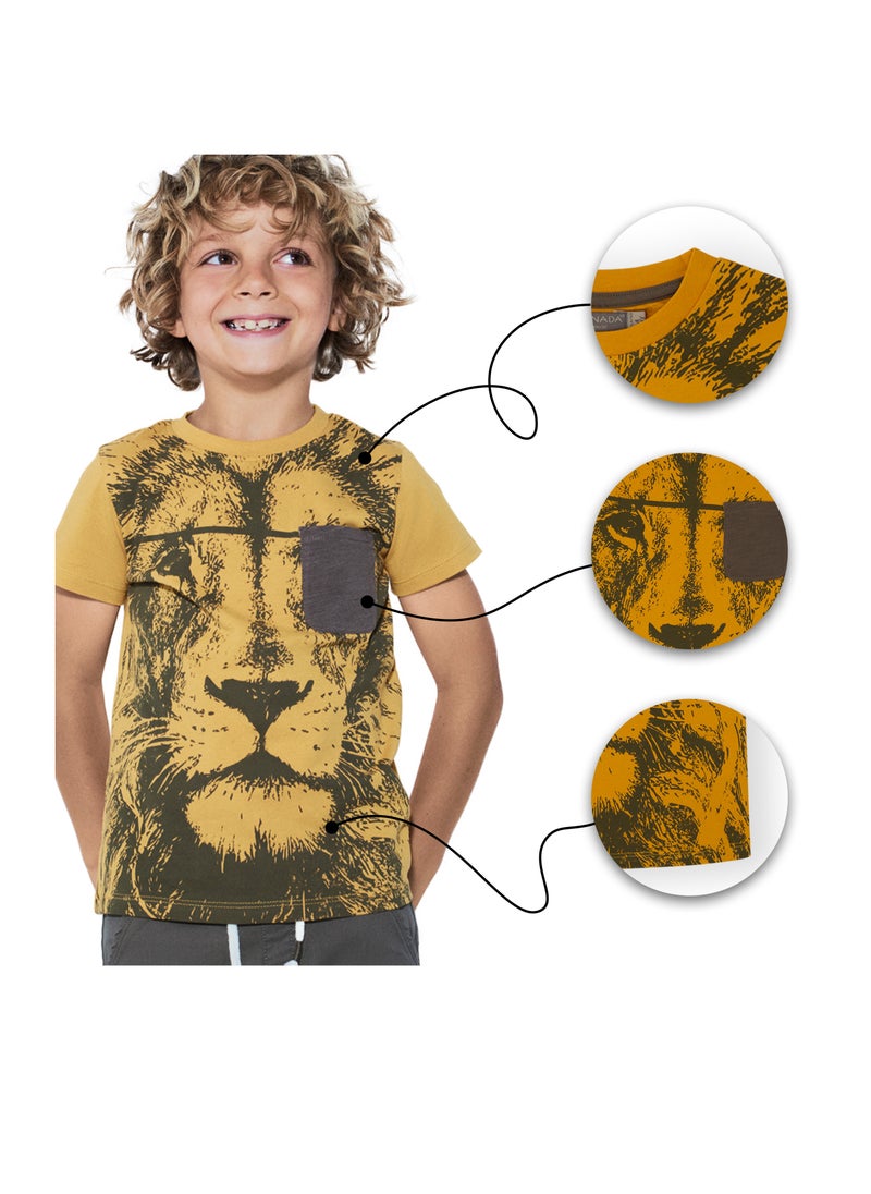 CANADA HOUSE Soft and Comfortable Orange 100% Organic Cotton Lion Print T-shirt for Boys  - Image 5
