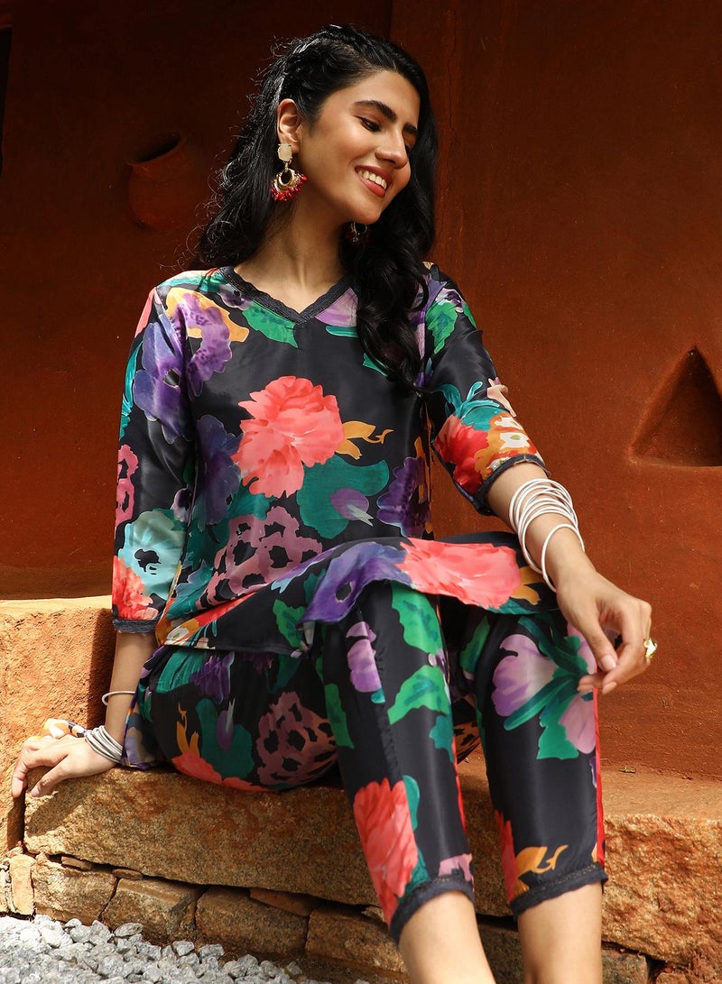 QISSA Women's Midnight Black Botanical Cluster Kurti With Trousers  - Image 1