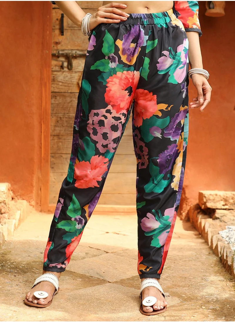 QISSA Women's Midnight Black Botanical Cluster Kurti With Trousers
