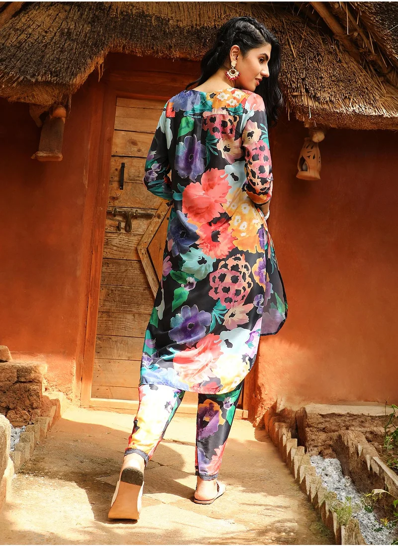 QISSA Women's Midnight Black Botanical Cluster Kurti With Trousers