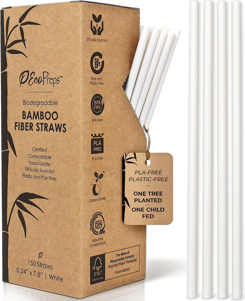 EcoPreps Biodegradable Bamboo Fiber Straws | 150 Count, 100% Compostable, Plastic-Free, Eco-Friendly Drinking Straw | 7.8'' Plant Fiber Disposable Straws, White Straw | Durable for Warm & Cold Drinks - Image 1
