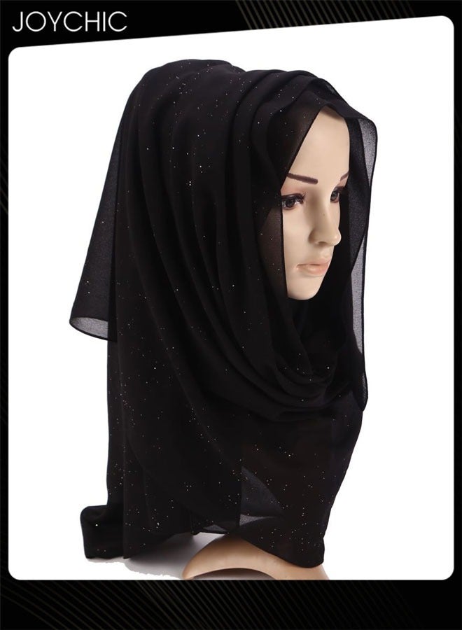 Joychic Solid Color Gold Powder Women Muslim Headwear Wearable Traditional Wear Long Fashion Pearl Chiffon Head Scarf for Ladies All Seasons Hijab Black One Size - Image 1