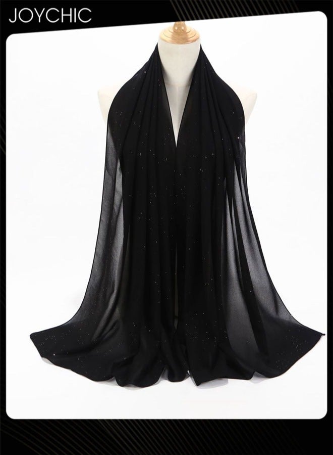 Joychic Solid Color Gold Powder Women Muslim Headwear Wearable Traditional Wear Long Fashion Pearl Chiffon Head Scarf for Ladies All Seasons Hijab Black One Size - Image 2