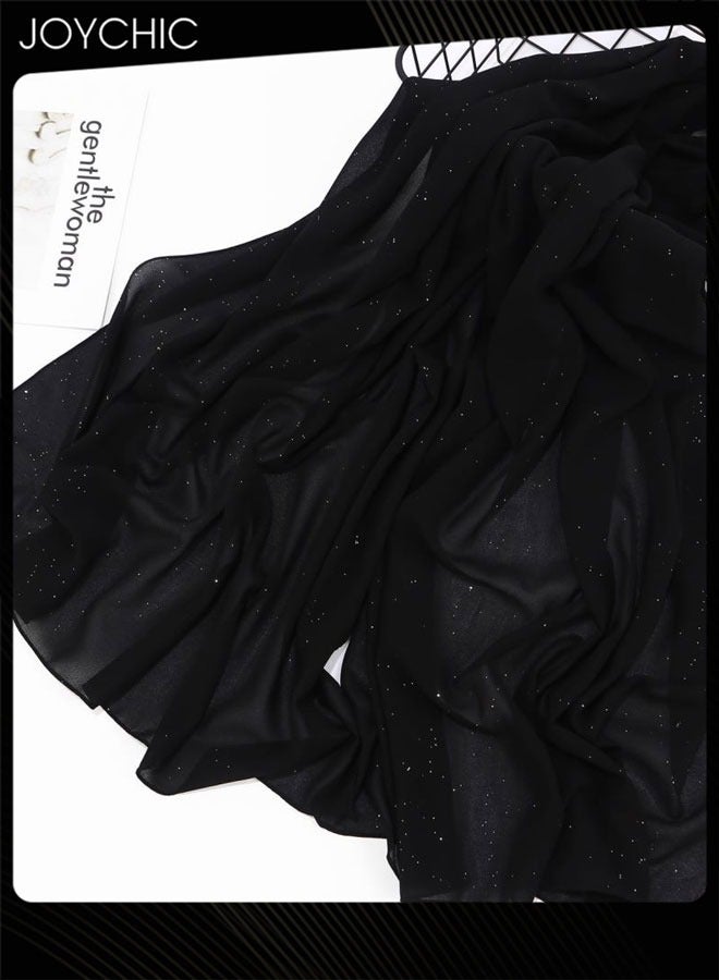 Joychic Solid Color Gold Powder Women Muslim Headwear Wearable Traditional Wear Long Fashion Pearl Chiffon Head Scarf for Ladies All Seasons Hijab Black One Size - Image 3