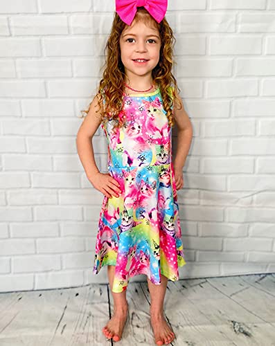BFUSTYLE Girls Colourful Cats Dress Casual Puss Star Crew Neck Slim Fit Twirl Dresses Fall School Beach Outfit Gifts for Kid Preschooler Daughter 6-7 Years Old - Image 2