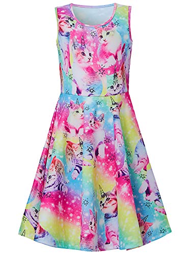 BFUSTYLE Girls Colourful Cats Dress Casual Puss Star Crew Neck Slim Fit Twirl Dresses Fall School Beach Outfit Gifts for Kid Preschooler Daughter 6-7 Years Old - Image 1