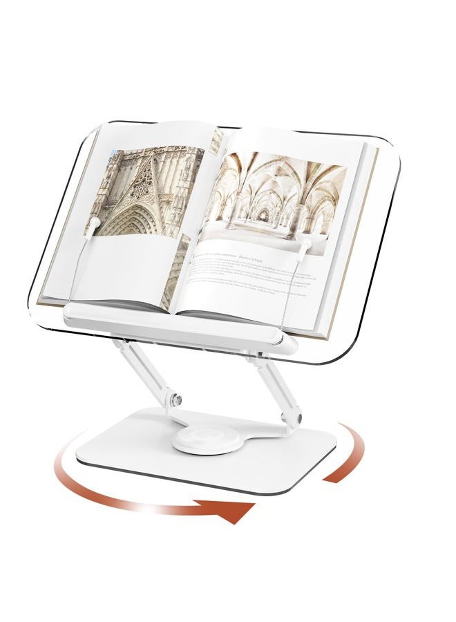 BYMECOST حامل كتب أكريليك للقراءة، حامل كتب قابل للتعديل مع قاعدة دوارة 360° ومشابك صفحات مرنة، حامل سطح مكتب قابل للطي لكتب الطبخ، الكمبيوتر المحمول، الجهاز اللوحي، النوتات الموسيقية، الوصفات، الكتب الدراسية - Image 1