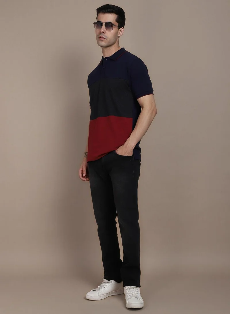 Dennis Lingo Navy Colourblocked Regular Fit Polo Collar T-shirt for Men - 100% Cotton, Half Sleeves, Casual