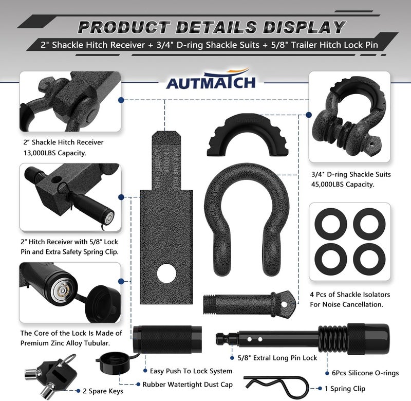 AUTMATCH Shackle Hitch Receiver 2 Inch - 3/4" D Ring Shackle and 5/8" Trailer Hitch Lock Pin, 45,000 Lbs Break Strength Heavy Duty Receiver Towing Kit for Off-Road Vehicle Recovery, Grainstone - Image 2