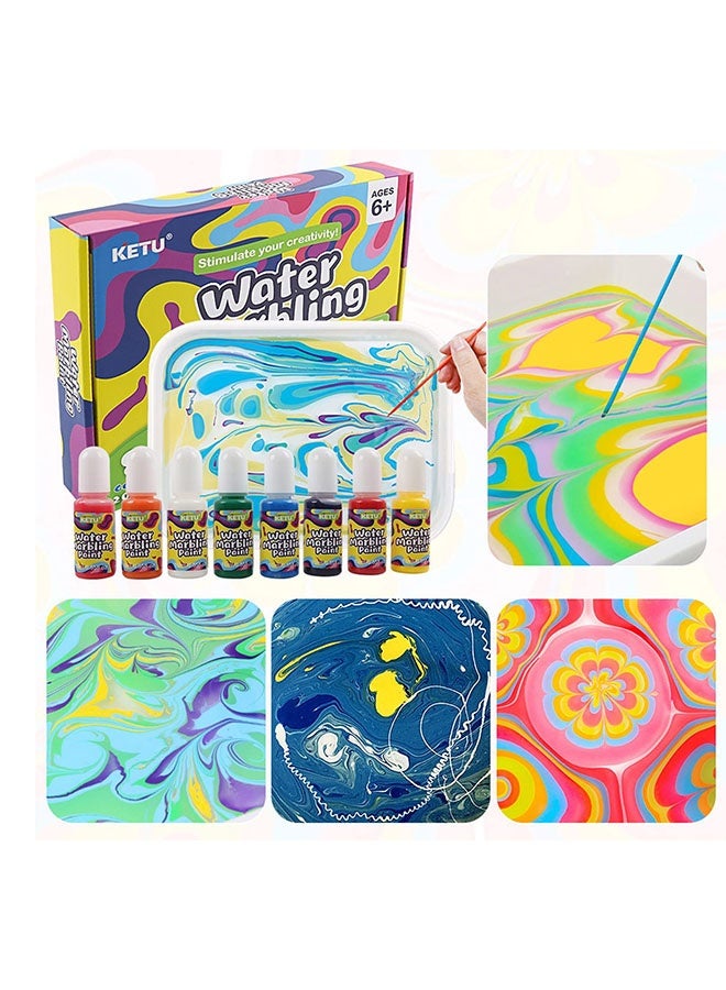 عربست مجموعة الرسم على الرخام، 8 قطع، مجموعة الرسم على الرخام بالألوان المائية مع صينية وورق ألوان مائية، ألعاب رسم فنية، هدية للأطفال والبنات والأولاد، لوازم يدوية (أ) - Image 1