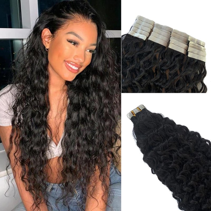 Loose Curly Tape in Human Hair Extensions 18Inch 1B Natural Black Tape in 100 Real Human HairExtensions Water Wave Double Sided Human Hair Tape ins Extensions for Black Women 20PCS 50G