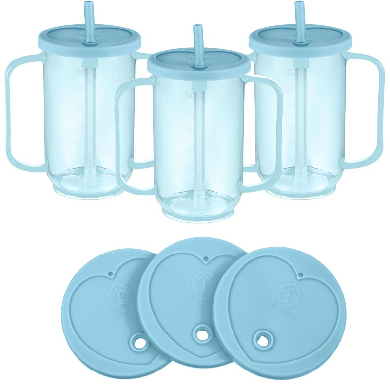 Sliner Adult Sippy Cups for Elderly 12 oz Straw Sippy Cups with 2 Handles No Spill for Adults Spill Proof Dysphagia Cup for Disabled Patients(Light Blue) - Image 1