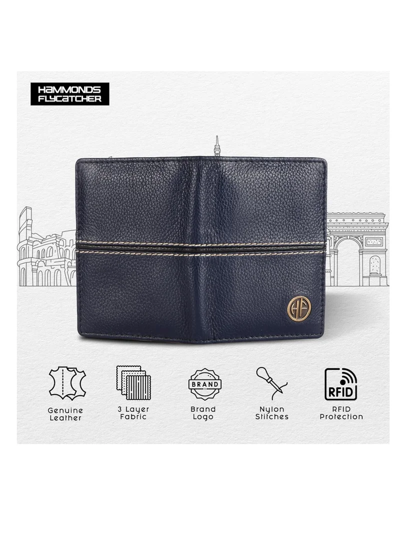 HAMMONDS FLYCATCHER Leather Card Holder for Men, Credit Card Holder, Slim Bi-Fold RFID Protected Credit Card Wallet for Men with 6 Card Slots, Metal Snap Button, Blue | RSBW