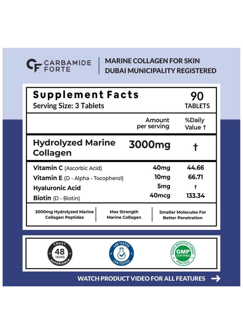 CARBAMIDE FORTE Hydrolyzed Marine Collagen Peptides 3000mg with Biotin & Hyaluronic Acid - Collagen Type 1 Powder - 90 Tablets  - Image 2
