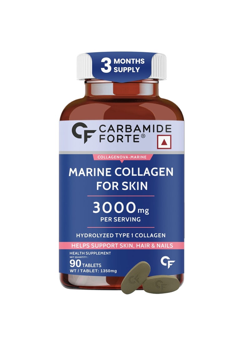 CARBAMIDE FORTE Hydrolyzed Marine Collagen Peptides 3000mg with Biotin & Hyaluronic Acid - Collagen Type 1 Powder - 90 Tablets  - Image 1