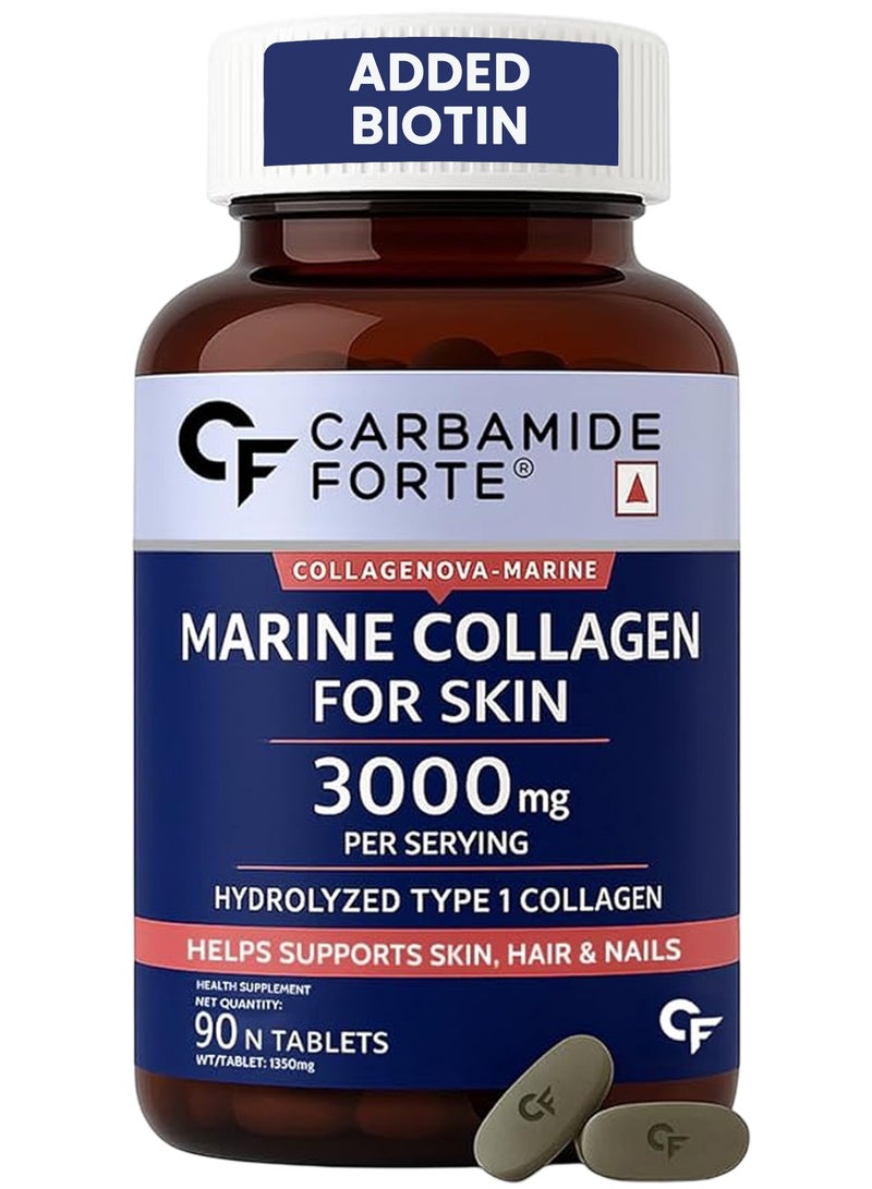 كارباميد فورتي ببتيدات الكولاجين البحري المُحللة 3000 ملغ مع البيوتين وحمض الهيالورونيك - مسحوق الكولاجين من النوع الأول - 90 قرصًا - Image 1