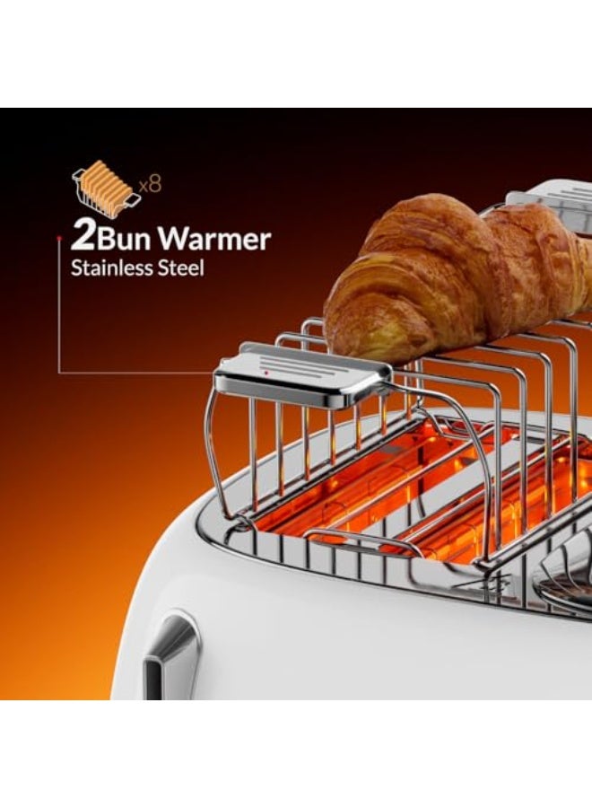 Feller Germany, Retro Style 4-Slice Toaster, 1630 W, Steel Body, 2 Dust Covers & 2 Bun Warmers, Defrost, Reheat& Cancel, 4 Extra wide Bread Slots, Metal Crumb Tray, TO490, (Glossy White) - Image 3