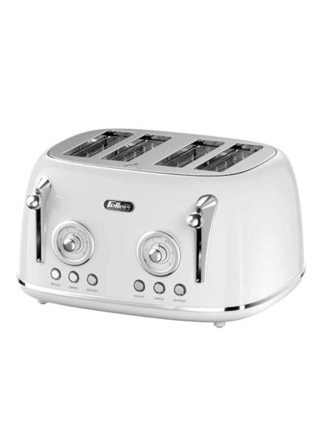 Feller Germany, Retro Style 4-Slice Toaster, 1630 W, Steel Body, 2 Dust Covers & 2 Bun Warmers, Defrost, Reheat& Cancel, 4 Extra wide Bread Slots, Metal Crumb Tray, TO490, (Glossy White) - Image 1