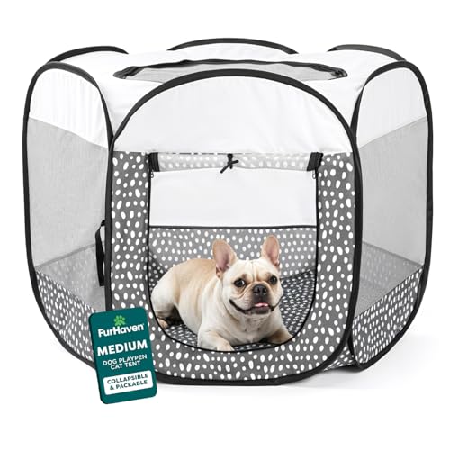 FurHaven SoftSided Dog Cat Playpen Portable Foldable Indoor Outdoor Pet Playpen with Mesh Windows Zippered Door Gray Pebbles Medium - Image 1