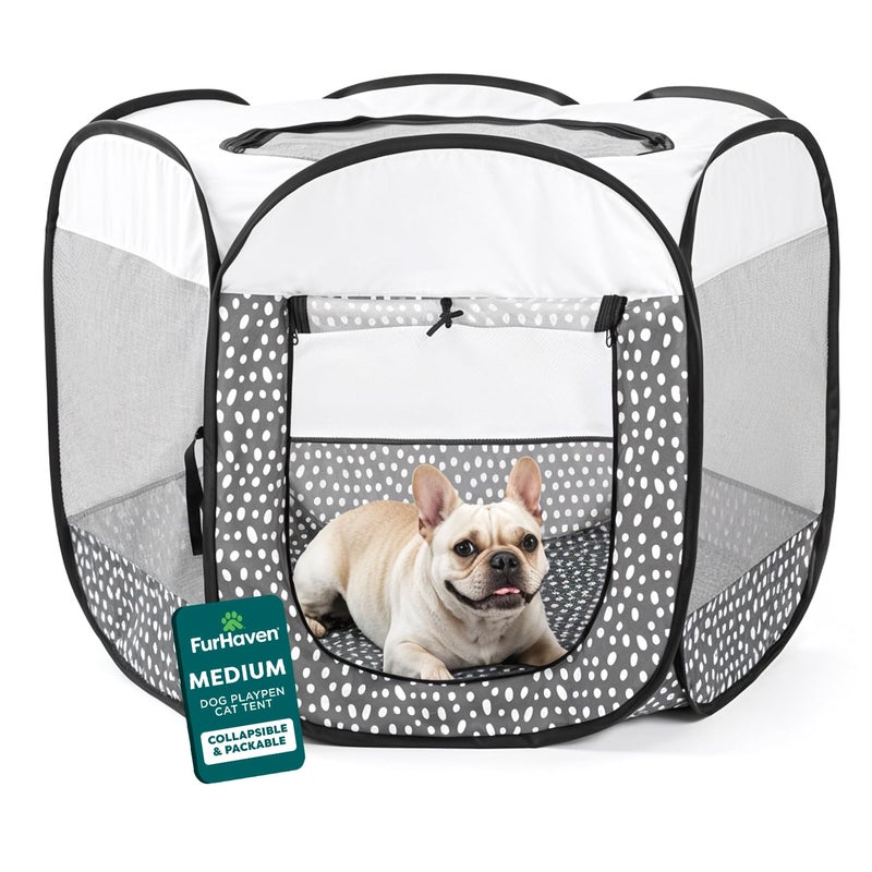 FurHaven SoftSided Dog Cat Playpen Portable Foldable Indoor Outdoor Pet Playpen with Mesh Windows Zippered Door Gray Pebbles Medium - Image 2