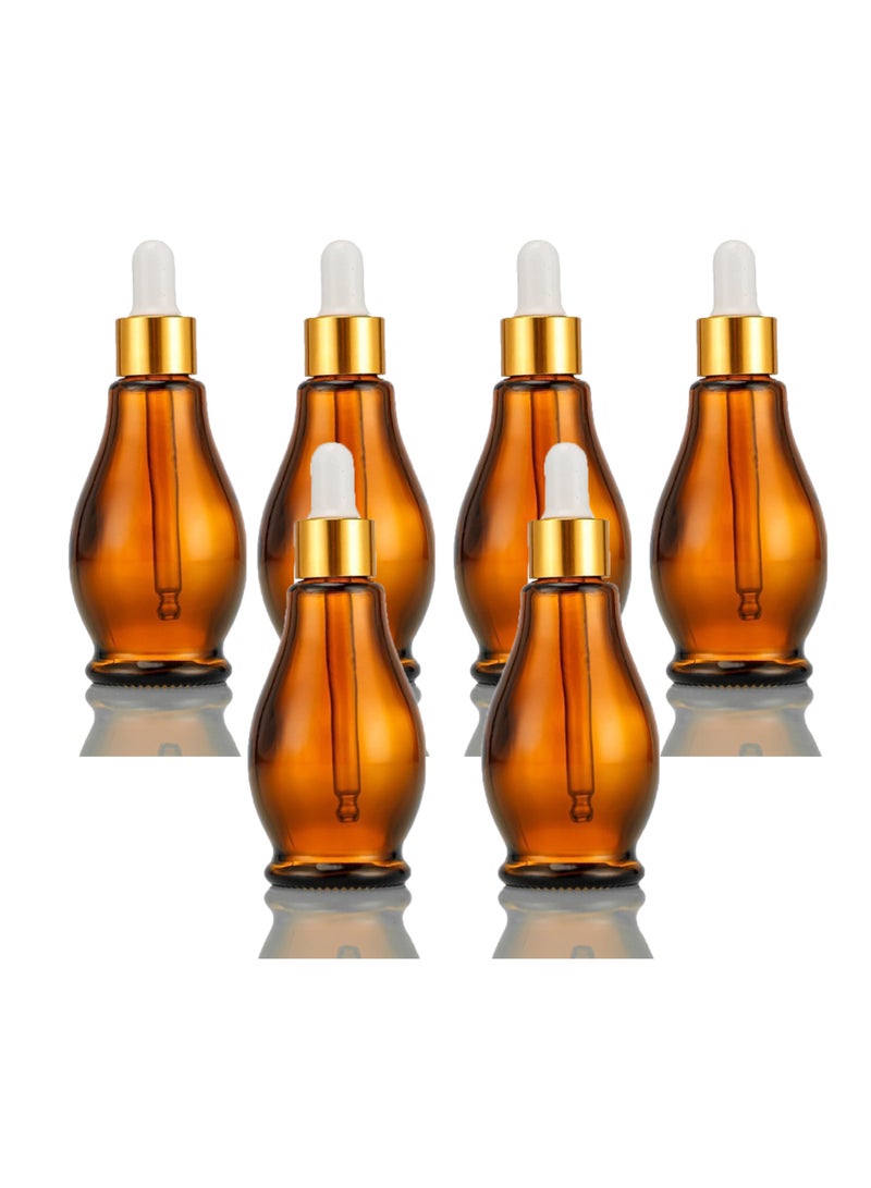6 Pack Glass Dropper Bottles 30ml Amber Gourd Shaped Glass Bottles with Dropper, Tincture Bottle,for Essential Oils, Hair Oil, Liquids, Perfume (Amber/Gold Cap, 30ml) - Image 1