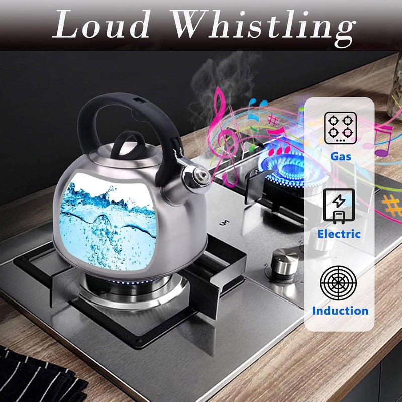 GGC غلاية شاي سعة 3 لتر للموقد، غلايات شاي تصدر صفيرًا عاليًا، غلاية من الفولاذ المقاوم للصدأ مع مقبض مضاد للحرارة وزر لمسة بسيطة للتحكم في مخرج الغلاية - Image 2