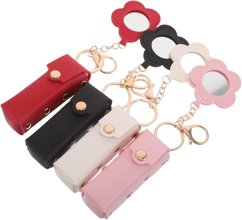 4pcs Lipstick Keychain Holder - PU Lip Gloss Holder with Mirror - Small Lipstick Pouch for Purse and Bag - Mini Travel Makeup Organizer for Small Perfume Lip Balm - Image 1