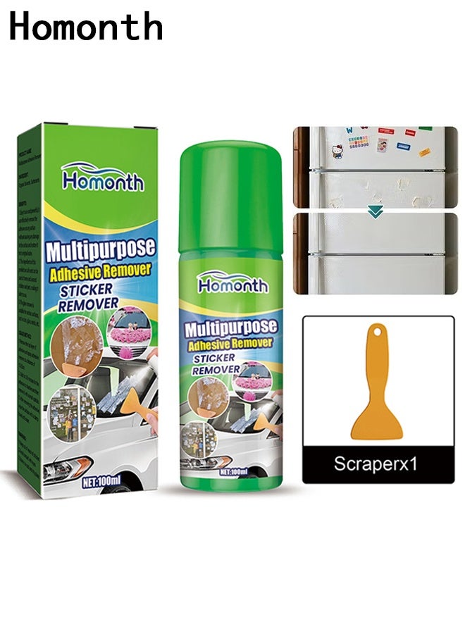 Homonth Multipurpose Adhesive Remover, Sticker Remover Spray, Surface Safe Rapid Glue Remover With Scraper, Sticker Remover For Cars, Windows, Walls, Efficiently Remove Sticky Residues, Labels, Tape, Gum, Bandages, Adhesives, Wax 100ml - Image 1