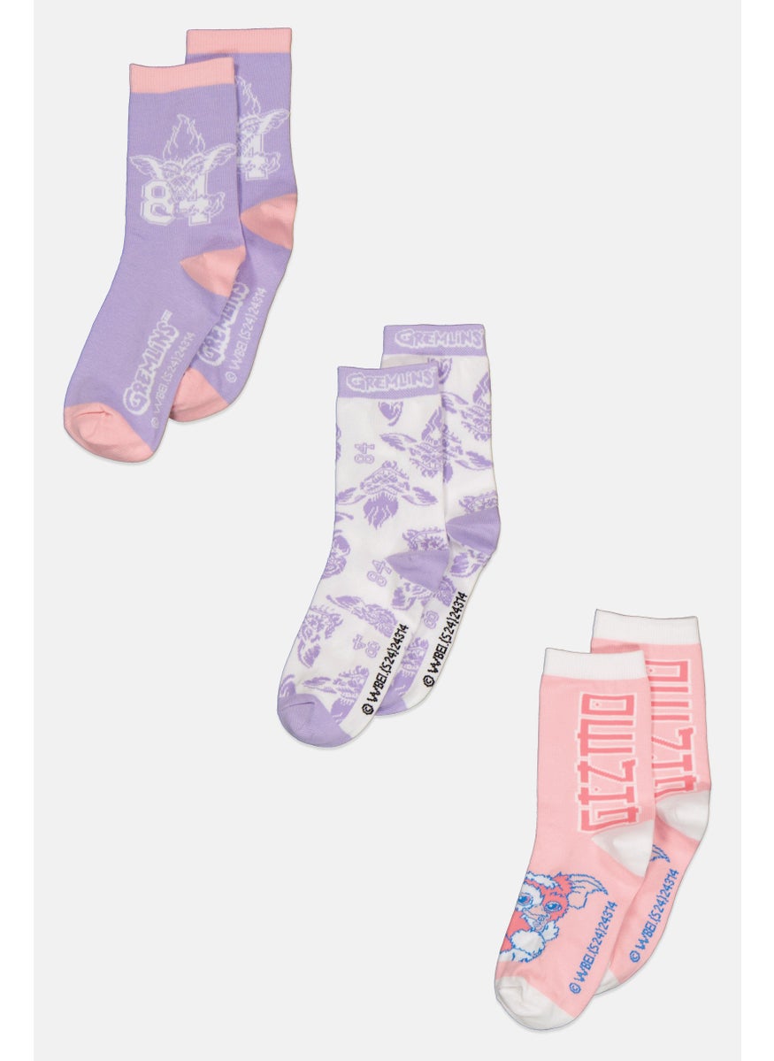 Gremlins Kids Girl 3 Pairs Graphic Print Socks, Pink  - Image 1