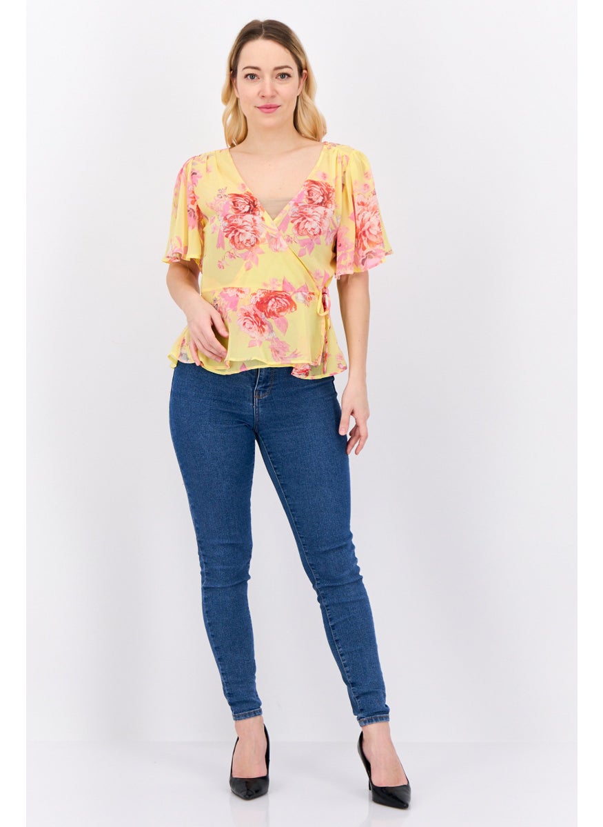 MANGO Women Surplice Neck Short Sleeves Floral Print Blouse, Yellow  - Image 4