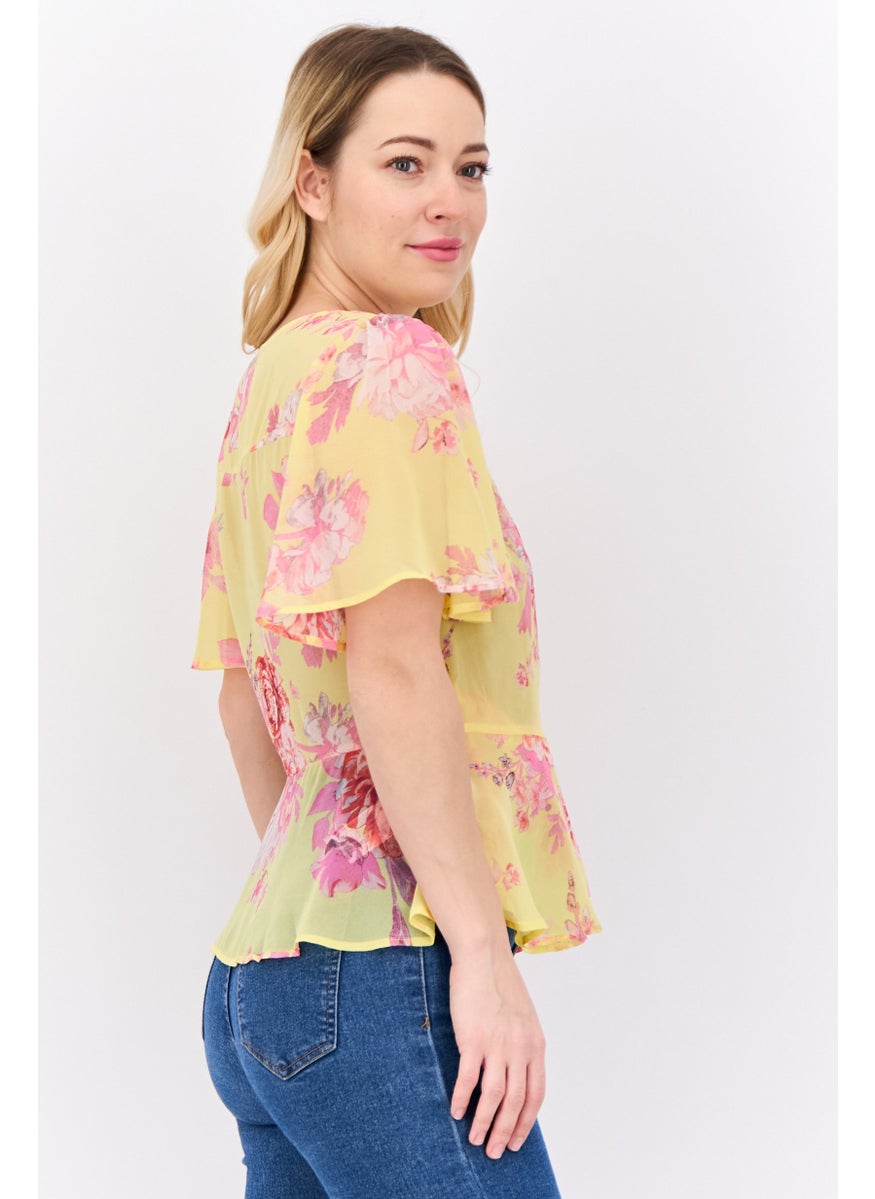 MANGO Women Surplice Neck Short Sleeves Floral Print Blouse, Yellow  - Image 2