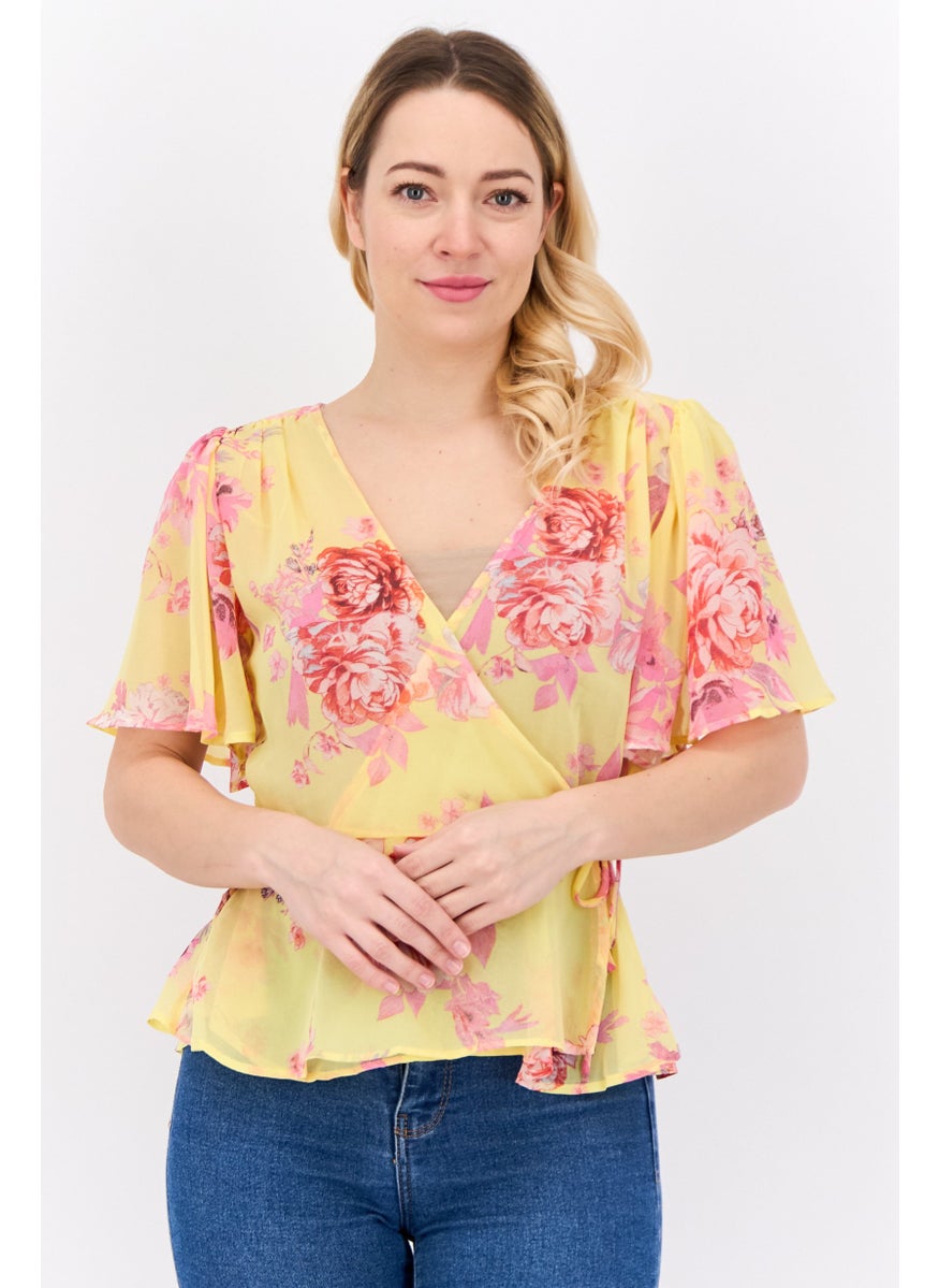 MANGO Women Surplice Neck Short Sleeves Floral Print Blouse, Yellow  - Image 1