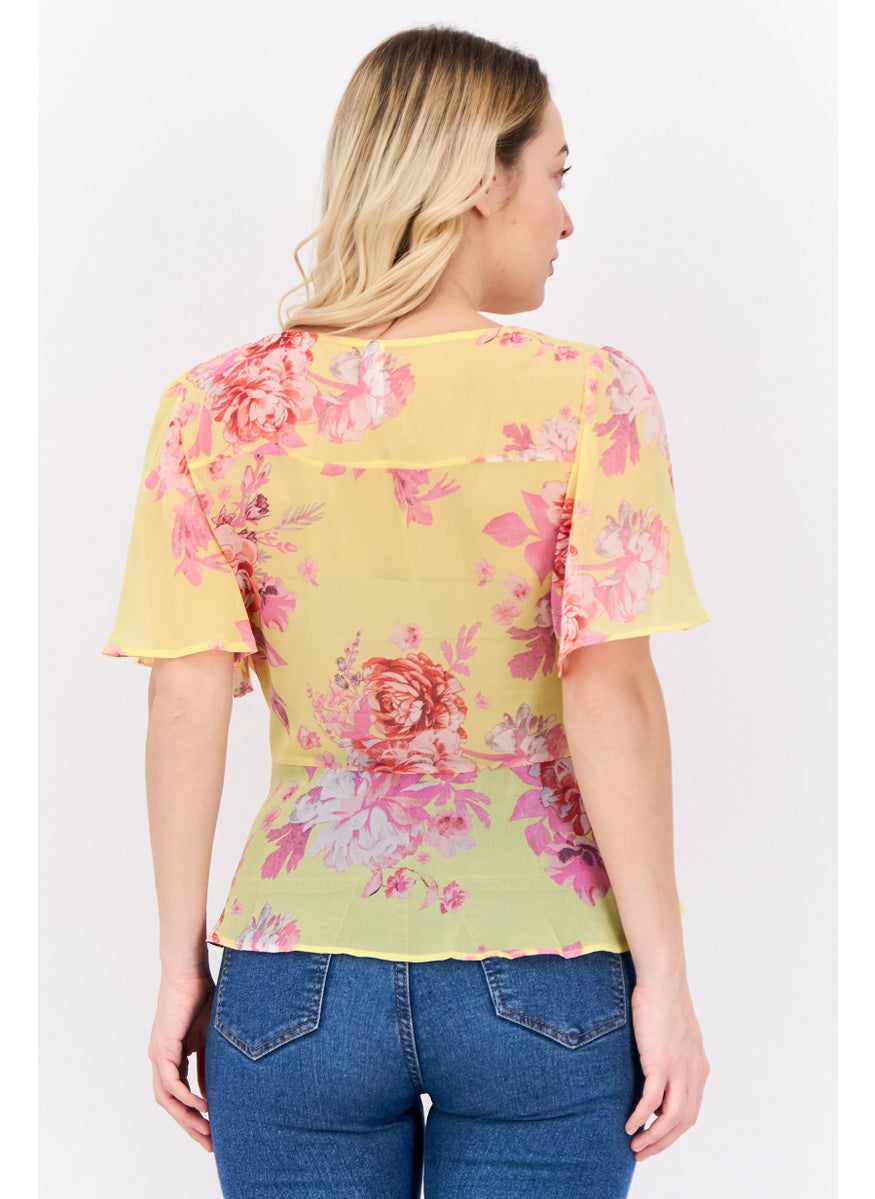 MANGO Women Surplice Neck Short Sleeves Floral Print Blouse, Yellow  - Image 3